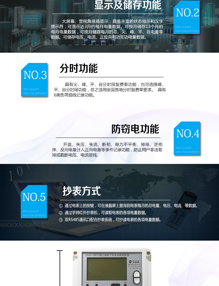 防竊電功能
①開蓋記錄功能，防止非法更改電路。 
②電壓合格率、失壓記錄功能，防止用戶非法取掉或截斷電壓接線，如已發生，可通過記錄的時間核算所損失的電量，為追補電量提供依據。
③失流、斷相記錄功能，防止用戶非法短接電流接線，如已發生，可通過記錄的時間核算所損失的電量，為追補電量提供依據。
④電流不平衡記錄：可警惕用戶在電表接線的前端截取電量。
⑤掉電記錄功能，防止用戶非法取下電表的工作電源，如已發生，可通過記錄的時間核算所損失的電量，為追補電量提供依據。
⑥反向電量計入正向電量，用戶如將電流線接反，不具有竊電作用，電表照樣正向走字。
⑦逆相序報警，用戶非法接線，電表會報警，除非把線接正確，否則一直報警。
以上情況如發出，電表會出現報警標志，如安裝抄表系統與電表相聯，抄表系統會馬上出現報警。