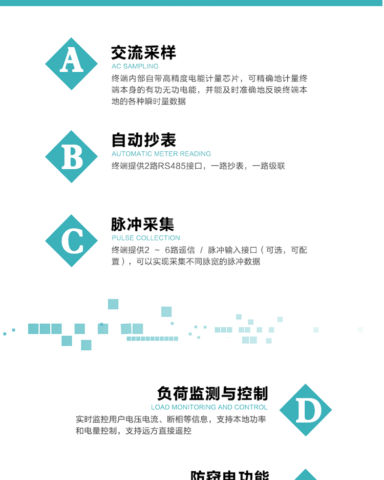 功能及特點：
1、交流采樣, 終端內(nèi)部自帶高精度電能計量芯片，可精確地計量終端本身的有功無功電能，并能及時準(zhǔn)確地反映終端本地的各種瞬時量數(shù)據(jù)。
2、自動抄表，終端提供2路RS485接口，一路抄表，一路級聯(lián)
3、脈沖采集，終端提供2 ~ 6路遙信 / 脈沖輸入接口（可選，可配置），可以實現(xiàn)采集不同脈寬的脈沖數(shù)據(jù)
4、負(fù)荷監(jiān)測與控制，實時監(jiān)控用戶電壓電流、斷相等信息，支持本地功率和電量控制，支持遠(yuǎn)方直接遙控