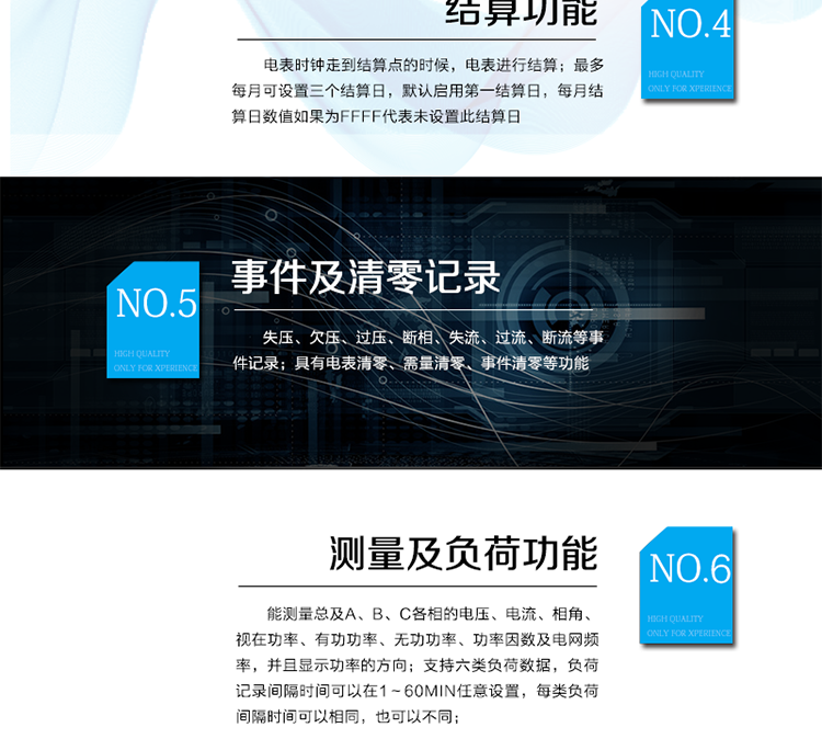 2.3需量計(jì)量
 能夠計(jì)量正、反向有功，正、反向視在，1、2、3、4象限無(wú)功，組合無(wú)功1、2的最大需量和發(fā)生時(shí)間。
 需量周期和滑差時(shí)間可在1～60min分鐘范圍內(nèi)設(shè)置，但應(yīng)該滿足：需量周期大于滑差時(shí)間且為其的整數(shù)倍，需量周期可在5、10、15、30、60min中選擇；滑差式需量周期的滑差時(shí)間可以在1、2、3、5min中選擇。需量周期應(yīng)為滑差時(shí)間的5的整倍數(shù)，且該倍數(shù)小于等于15。
 當(dāng)發(fā)生電壓線路上電、時(shí)段轉(zhuǎn)換、清零、時(shí)鐘調(diào)整、需量周期改變、功率潮流方向轉(zhuǎn)換等情況時(shí)，電能表從當(dāng)前時(shí)刻開(kāi)始，按照需量周期進(jìn)行需量測(cè)量，當(dāng)?shù)谝粋€(gè)需量周期完成后，按滑差間隔開(kāi)始最大需量記錄。其中，發(fā)生時(shí)段轉(zhuǎn)換時(shí)，總需量繼續(xù)按滑差測(cè)量，分時(shí)需量按需量周期重新開(kāi)始測(cè)量。
 在一個(gè)不完整的需量周期內(nèi)或修改需量周期時(shí)，不做最大需量的記錄。
 能存儲(chǔ)12個(gè)結(jié)算日最大需量數(shù)據(jù)。
 需量顯示小數(shù)位數(shù)出廠缺省為4位小數(shù)。
2.4結(jié)算功能
 本表除給出有、無(wú)功當(dāng)前總及分時(shí)電量、最大需量及其發(fā)生時(shí)間外，還存儲(chǔ)了上1到上12個(gè)結(jié)算周期的歷史數(shù)據(jù)（包含組合有功、正反向有功、組合無(wú)功1和組合無(wú)功2、四象限無(wú)功、各元件有功、無(wú)功總電量以及分時(shí)電量；正反向有功、組合無(wú)功1和組合無(wú)功2、四象限無(wú)功的最大需量及其出現(xiàn)時(shí)間。）。當(dāng)電表時(shí)鐘走到結(jié)算點(diǎn)的時(shí)候，電表進(jìn)行結(jié)算。電能表結(jié)算時(shí)，先把當(dāng)前的電量、最大需量及其發(fā)生時(shí)間存入上一結(jié)算日，再把當(dāng)前的最大需量及其發(fā)生時(shí)間清零，計(jì)算需量的累加單元清零，需量重新開(kāi)始計(jì)算。
 如果電表掉電跨過(guò)結(jié)算點(diǎn)時(shí)，上電后電表不補(bǔ)結(jié)算。
 最多每月可設(shè)置三個(gè)結(jié)算日，默認(rèn)啟用第一結(jié)算日，每月結(jié)算日數(shù)值如果為FFFF代表未設(shè)置此結(jié)算日。
 需量結(jié)算是只在每月第一結(jié)算日結(jié)算一次，如果起用了其它結(jié)算日，在該結(jié)算點(diǎn)結(jié)算時(shí)，則對(duì)應(yīng)的這個(gè)結(jié)算日需量數(shù)據(jù)補(bǔ)FF。
 電壓合格率只在第一結(jié)算日進(jìn)行結(jié)算，在啟用其它結(jié)算日進(jìn)行結(jié)算時(shí)，電壓合格率都不進(jìn)行結(jié)算。